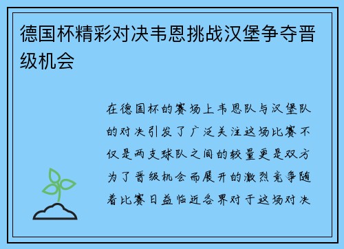 德国杯精彩对决韦恩挑战汉堡争夺晋级机会